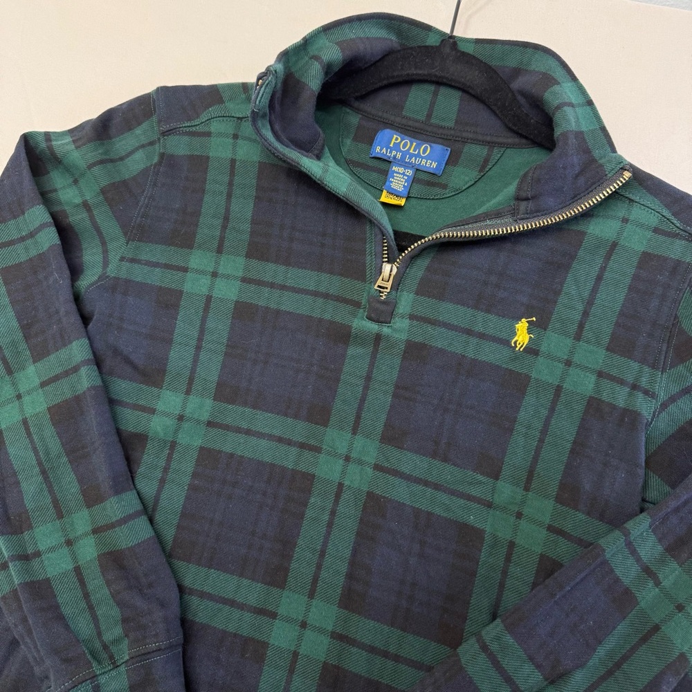Polo Ralph Lauren Boys 1/4 Zip Pullover Plaid Green Blue Sweater Size 10-12